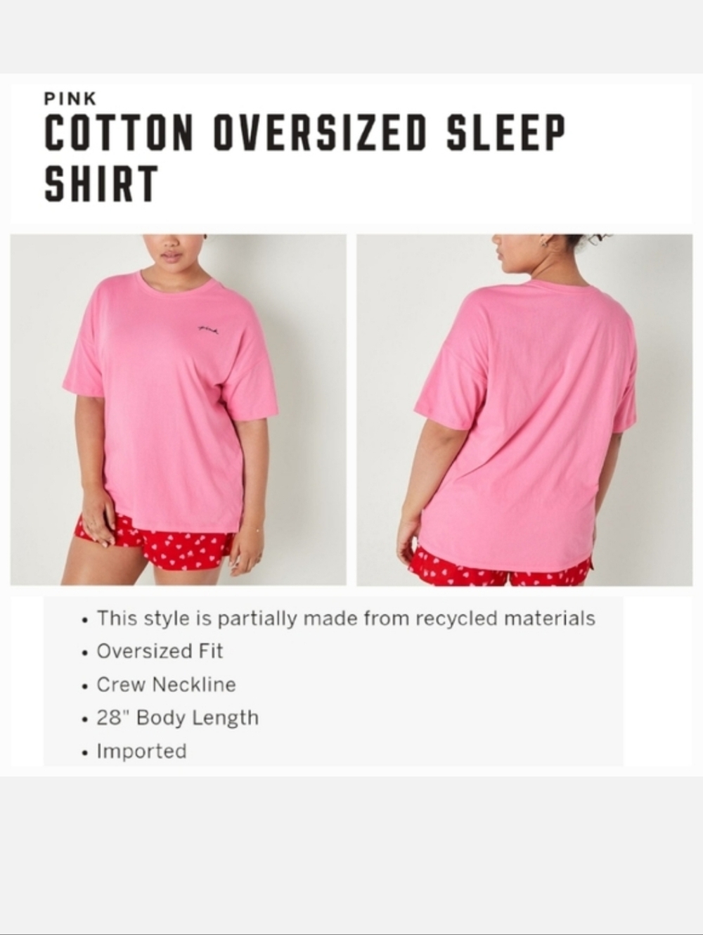 Victoria's secret pink cotton oversized sleep shirt PINK SMALL.